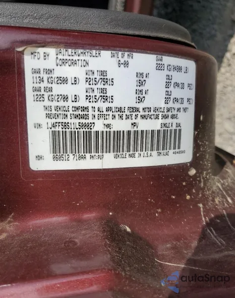 2001 Jeep Cherokee Classic from USA, damaged, VIN 1J4FF58S11L500027